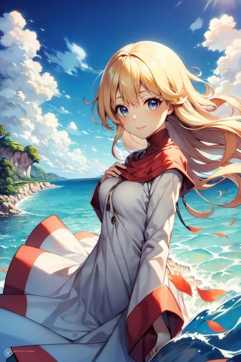 masterpiece, best quality, dqPom, blonde hair, robe, looking at viewer, ocean, serene smile, wind, leaves, clouds <lora:moonbroo...