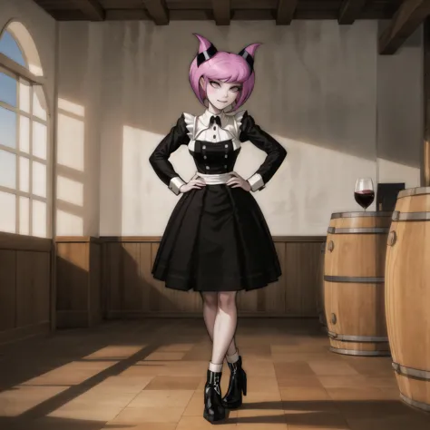 (winery,  gorgeous view)
(wide angle shot), POV, sfw, masterpiece, detailed clothing texture, best quality, beautiful face, 1girl, Jinx standing with hands on hips, maid outfit
<lora:oldJinx_TT_V2:0.5> ,  <lora:danganronpa:0.8>