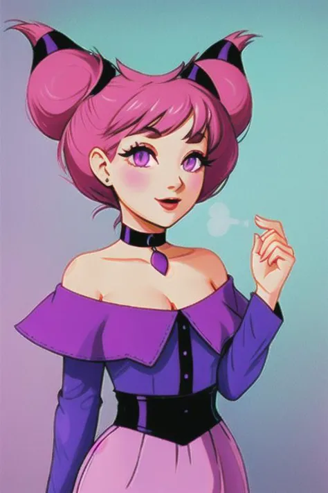 a close up of a cartoon character with a purple dress and horns