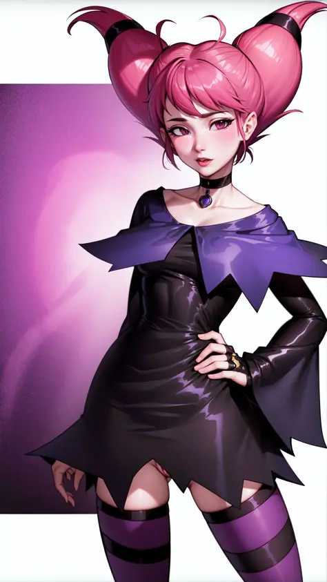 <lora:JinxTT:0.7>,Jinx,purple capelet,black dress,choker,striped thighhighs,abstract background,pussy,