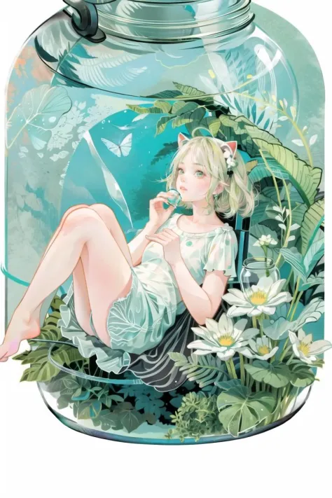 [(white background:1.45)::5],(transparent background:1.3),1girl,fake animal ears,clover theme,plant,ice,underwater,butterfly,(gl...