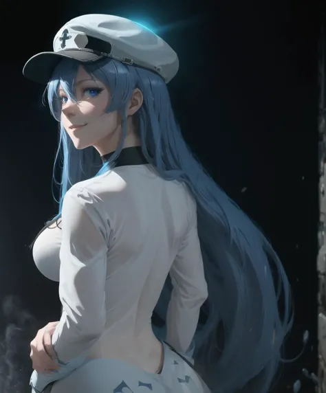 (masterpiece, best quality:1.2), from behind, solo, 1girl, esdeath, smile, looking back, long blue hair, white peaked cap, blue ...