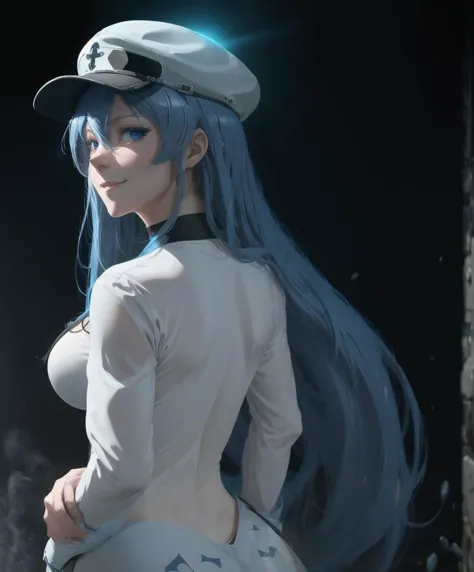 (masterpiece, best quality:1.2), from behind, solo, 1girl, esdeath, smile, looking back, long blue hair, white peaked cap, blue eyes, white military uniform, long sleeves, white thighhighs, choker, small breasts <lora:akameGaKillGirlPack5_fullcharacterpackv10:1.0>(volumetric_lighting:1.2)