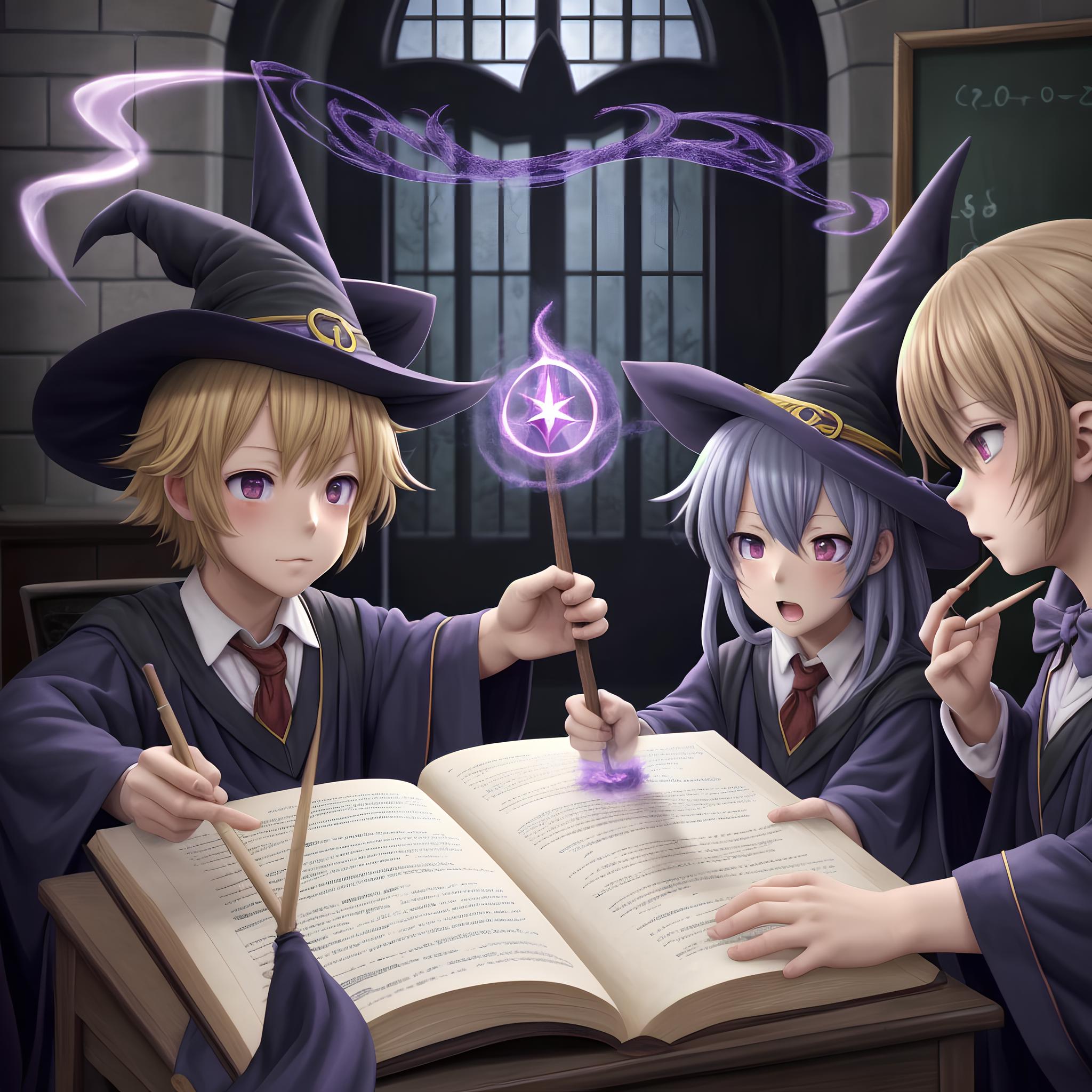 Three anime girls sitting at a table with books and hats - SeaArt AI