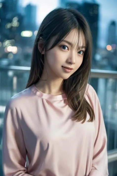 1girl,(wearing a pastel pink blouse:1.2),(RAW photo, best quality), (realistic, photo-realistic:1.4), masterpiece, an extremely delicate and beautiful, extremely detailed, 2k wallpaper, Amazing, finely detail, extremely detailed CG unity 8k wallpaper, ultra-detailed, highres, soft light, beautiful detailed girl, extremely detailed eyes and face, beautiful detailed nose, beautiful detailed eyes,cinematic lighting,city lights at night,perfect anatomy,slender body,light smile  <lora:marupi_lora:0.7>