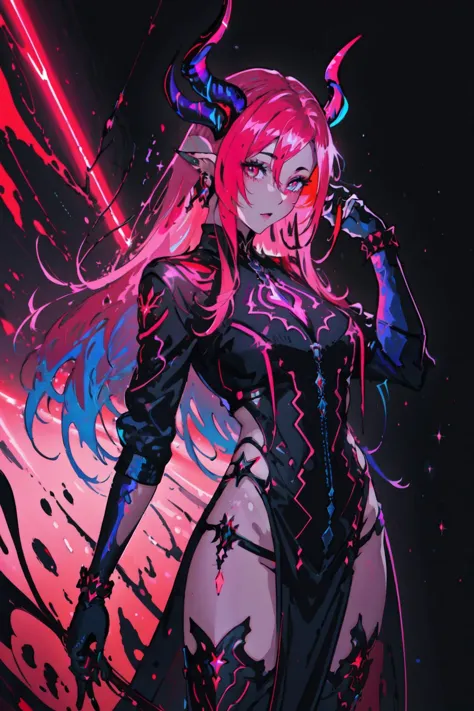 a woman with pink hair and horns standing in front of a red light