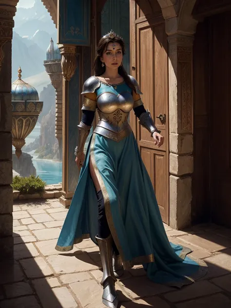 a woman in a blue dress and armor standing in front of a door