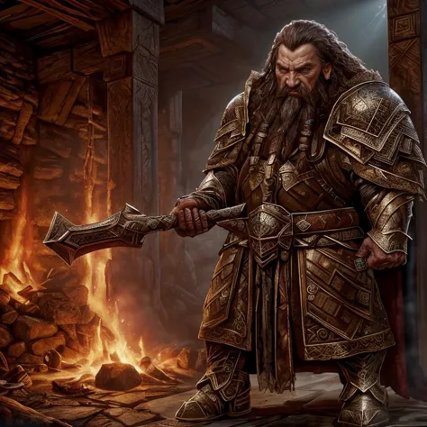 (masterpiece:1.2), (best quality,:1.2), 8k, HDR, ultra detailed, ((photorealistic)), perfect anatomy, professional light, cinematic lighting, fashion photography, ambient lighting,<lora:detail_slider_v4:3>, OverallDetail, a dwarf, long beard, wearing intricate armor, belt, cape, DwarAr, <lora:DwarvenArmor:0.7>, in an underground hall with a dwarven forge and furnace, fire, lava, smithy, DwaRe, <lora:DwarvenRealms-10:0.5>, in the style of Tolkien, Middle Earth, Moria, ((perfect hands)), <lora:Fantasy_warriors_-_by_HailoKnight:0.4>, epiCPhoto