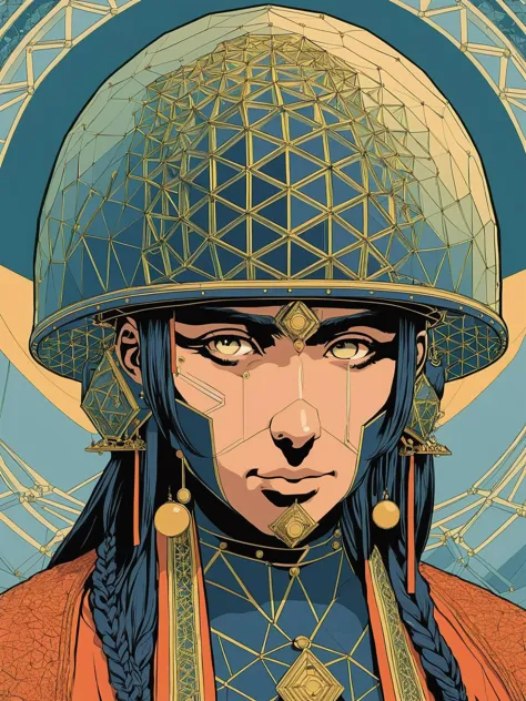 a woman in a helmet with a face made out of geometric shapes