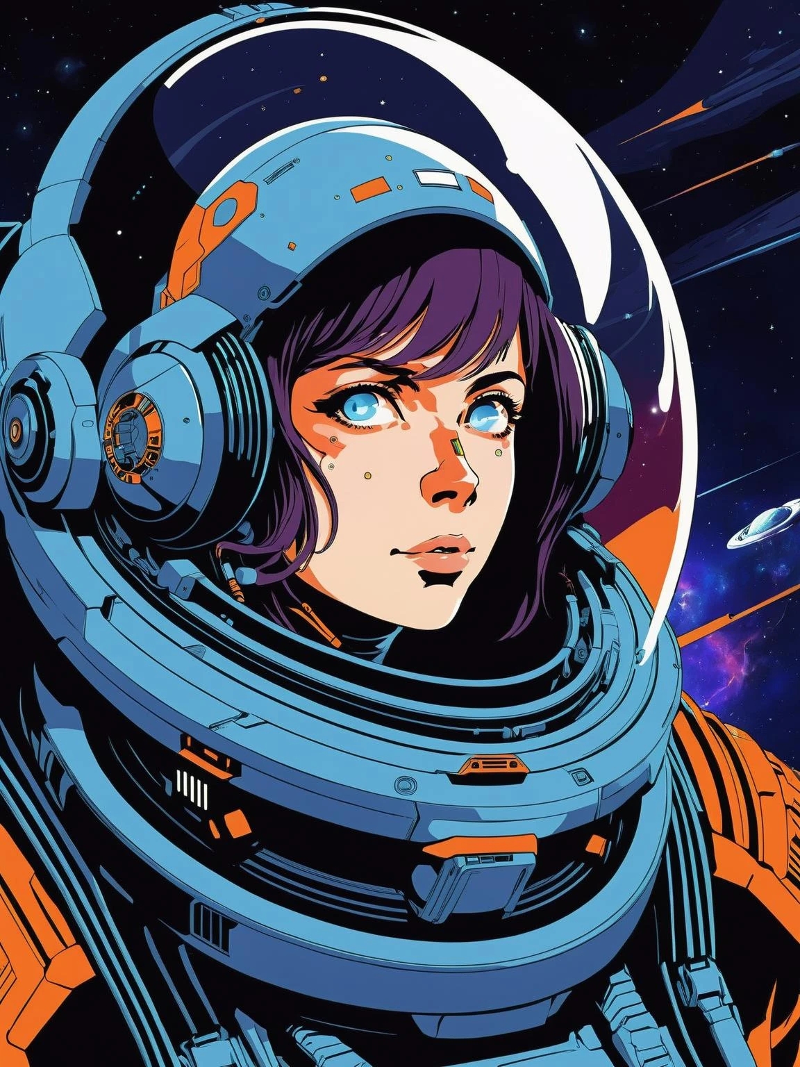 grafisches Anime-Porträt eines mutigen Weltraumforschers, den Kosmos durchqueren:1.3, in einem futuristischen Raumschiff:1.3, mit einem Gefühl des Staunens:1.3, einen Raumanzug tragend:1.3, und eine Mission zur Kartierung des Unbekannten:1.3., Futurismus , 