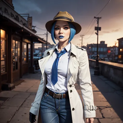 woman with blue hair and a hat and trench coat on a sidewalk