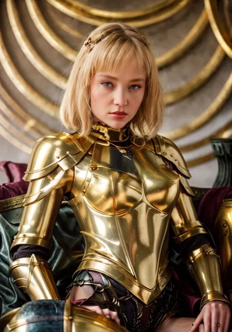 A very beautiful queen alicynster123, (fully clothed:1.5), (full metal gold armor:1.3), sitting on a black throne made of gold, blonde hair, with a serpent-dragon like elements and design, intricate details, dramatic lighting, hyperrealism, photorealistic, cinematic, 8k sharp focus, unreal engine 5 effects--niji 5, style expressive, ), <lora:breastsizeslideroffset:-0.2>, <lora:alicynster123:1>,