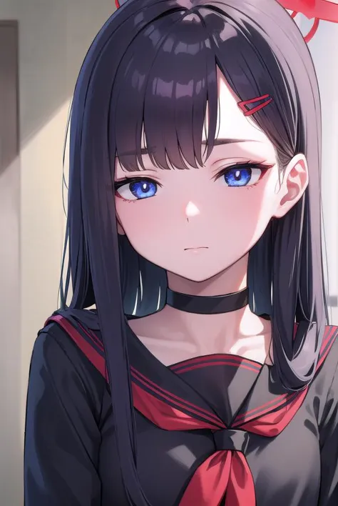 anime girl with blue eyes and black hair wearing a red bow