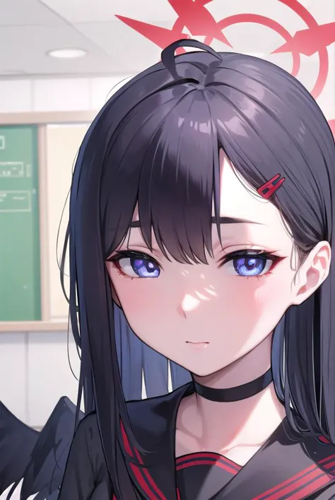 anime girl with long black hair and blue eyes in a school uniform