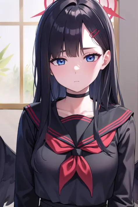 anime girl with long black hair and blue eyes in a black dress