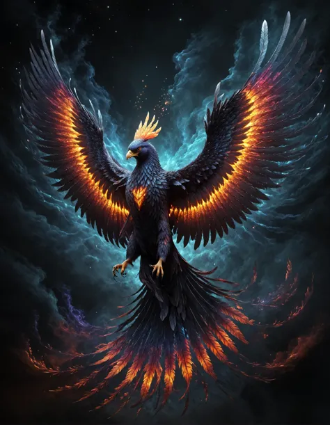 Black Phoenix, giant Wings, vibrant Shimmering outlines, DARK colors, dark Background nebula, Side View, flying up, enhanced