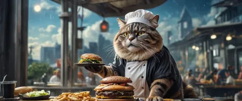 araffe cat in chef outfit holding a plate with a hamburger and fries