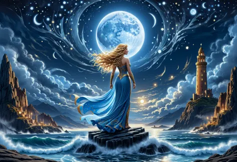 a woman standing on a rock looking at the moon