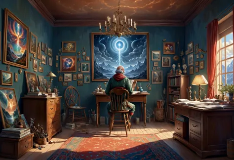 a picture taken from a video game of a man sitting at a desk in a room with paintings and a chandelier