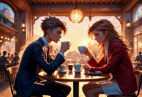 anime couple drinking coffee in a cafe at sunset