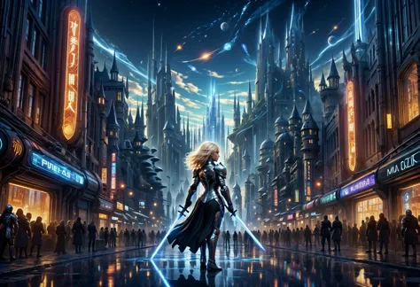 a woman in a black coat standing in a city at night