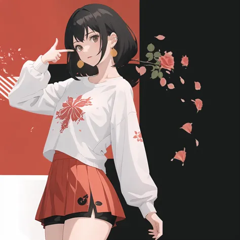 anime girl in a white shirt and red skirt with a flower