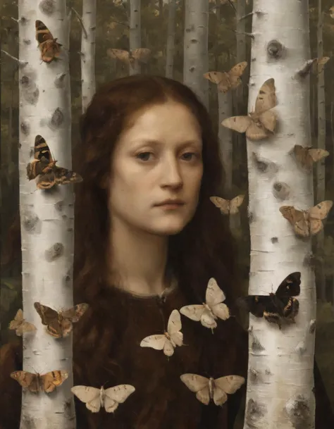 Mariposas à sombra de bétulas com um retrato de Leonardo da Vinci, (sombras profundas:0.5).