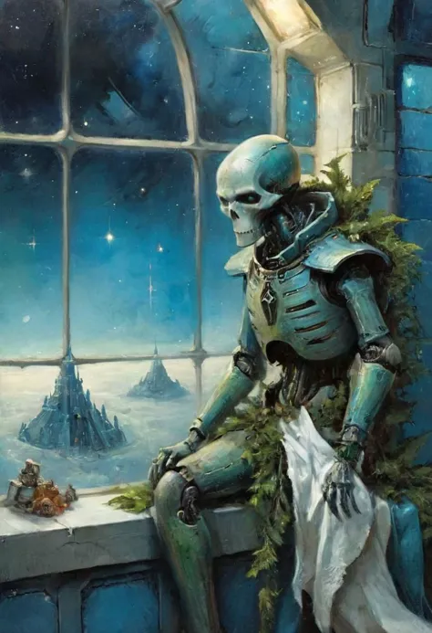 tema de navidad, Retrato súper primer plano, Armonía surrealista, Página de estilo de Jean-Baptiste Monge, una vibrante escena espacial de neón: Necrones festivos frente a una enorme ventana azul al espacio exterior con un atisbo de verde en el lejano, Nave espacial limpia, Baldosas anchas blancas, mira triste,