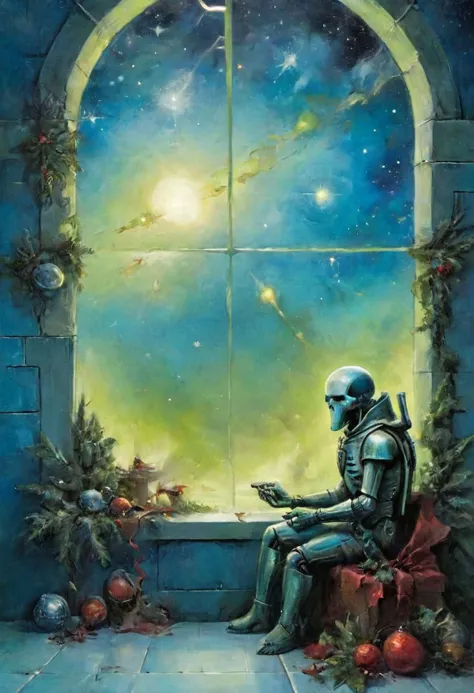 クリスマスのテーマ, 超クローズアップポートレート, 超現実的な調和, Jean-Baptiste Monge スタイルのページ, 鮮やかなネオンの宇宙シーン: 遠くに緑が見える、宇宙に面した巨大な青い窓の前にあるお祭り気分のネクロン, クリーンな宇宙船, 幅広の白い床タイル, トリストルック,