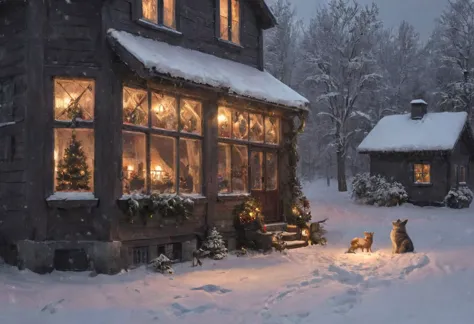 มืดมนมืดมนคืนคริสต์มาส, ด้านหลังบ้านสแกนดิเนเวียปี 1900, มุมมองภาพยนตร์, ผลงานชิ้นเอก, หน้าไม้, Windows ที่สว่างไสวตามเทศกาล,  หิมะ, ต้นเฟิร์น, cute animals of the forest sitting in หิมะ and cheering looking to the Christmas Window, วิญญาณคริสต์มาส, แสงต้อนรับที่อบอุ่น,
