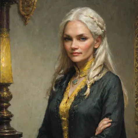 blonde 50 year old eastern european woman, platinum blonde, greying hair, hair half up half down, arms folded, fantasy character, green eyes, thin, evil smile, manipulative grin, gaunt cheeks, high cheekbones, perfect eyes, wearing noble clothing, elegant, yellow clothes, yellow dress, long black coat, victorian style, D&D art, standing in front of sunflowers in the snow, 8K, High Res, Best Quality, dark, 1girl, DarkFantasy,