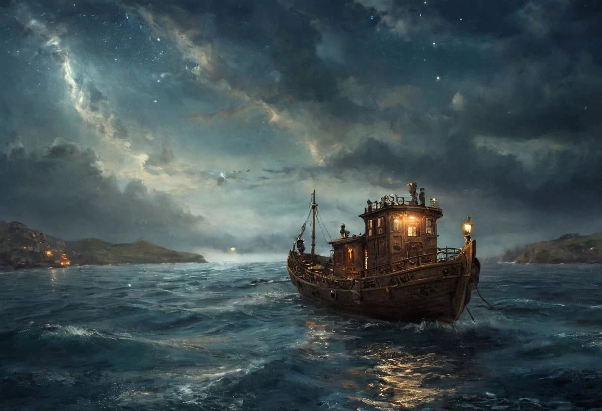 Small Steampunk boat at Stormy blue sea by night, Starlights