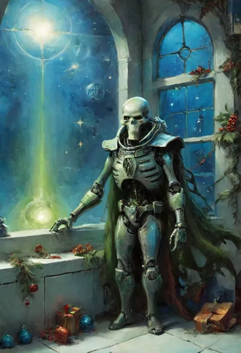 Xmas theme, Super Closeup Portrait, Surreal Harmony, Jean-Baptiste Monge Style page, a Vibrant neon Space Scene: festive necrons infront of huge blue Window to Outer space with a glimpse of Green in the far, Clean Spaceship, wide White Floor tiles, trist Look,