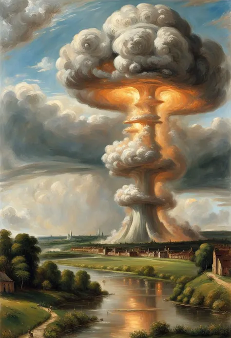 uma paisagem incrível com edifícios e um rio sinuoso,uma explosão de bomba atômica nuclear no fundo como uma grande nuvem em forma de cogumelo, por John Constable,