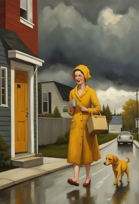 le voisin heureux n&#39;a jamais de problèmes, elle est comme un soleil ambulant vêtu d&#39;une tenue dorée par une journée sombre, nuageuse et orageuse,, par Fred Calleri