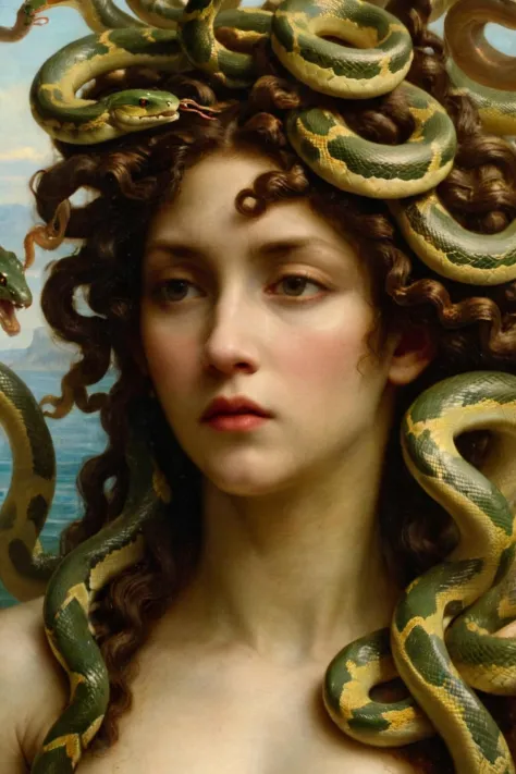 close up,  masterpiece,  a scene of medusa staring at the viewer(((head hair made entirely of snakes))) ((medusas hair is entire...