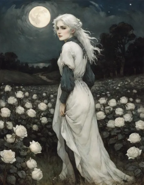 weißes Haar,  Feld weißer Rosen,  30 Jahre alte Frau,  Kleines Lächeln,  Mondlicht,  Arthur Rackham