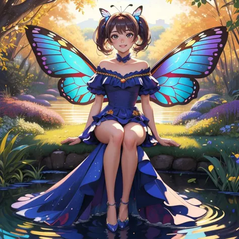 masterpiece,  high quality, chiharuyamada, sitting in the forest, f41rydr3ss, full body, see-through, dress, butterfly wings, looking into a lake