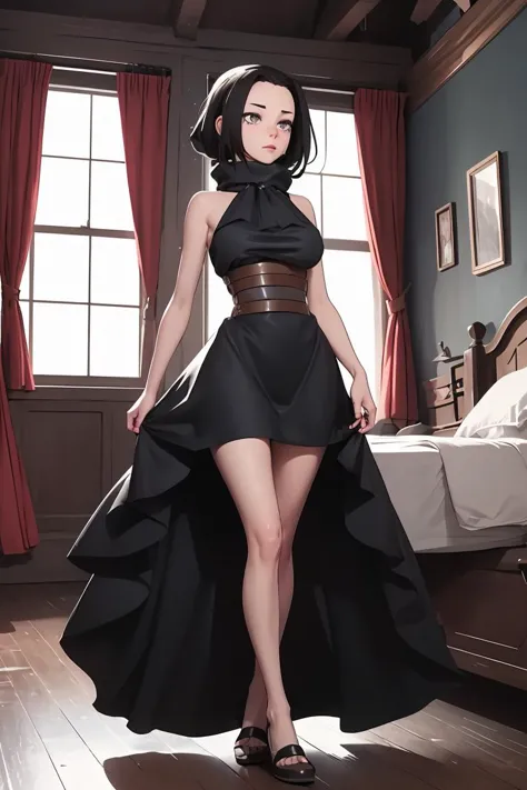 (masterpiece, best quality), 1girl,   <lora:Agata_LoRA:1> AgataWitch, black dress, bedroom, full body,