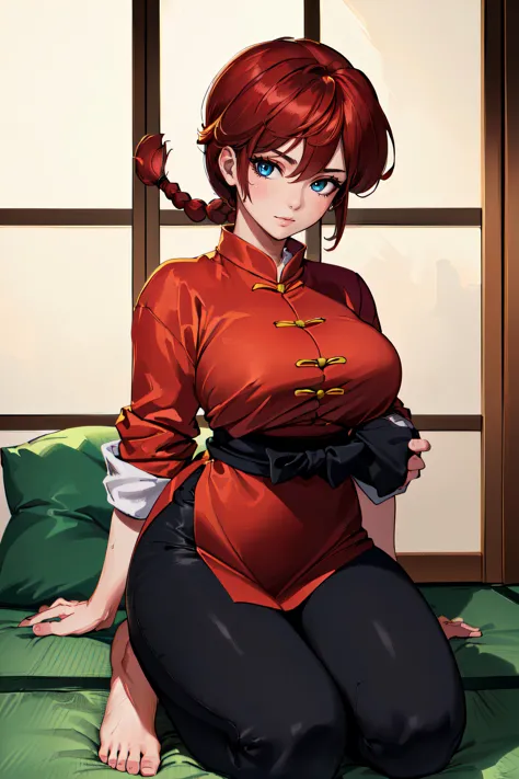 (masterpiece, best quality, ultra detailed, absurdres:1.5), 1girl, (sexy, beautiful woman, perfect face, perfect eyes, perfect female body:1.5), (femaleranma, braided ponytail, red hair, chinese clothes, tangzhuang, black pants, barefoot, <lora:ranmahalf_femaleranma:1>), (kneeling, on futon, indoors, Japanese dojo), perfect lighting, smooth, hdr