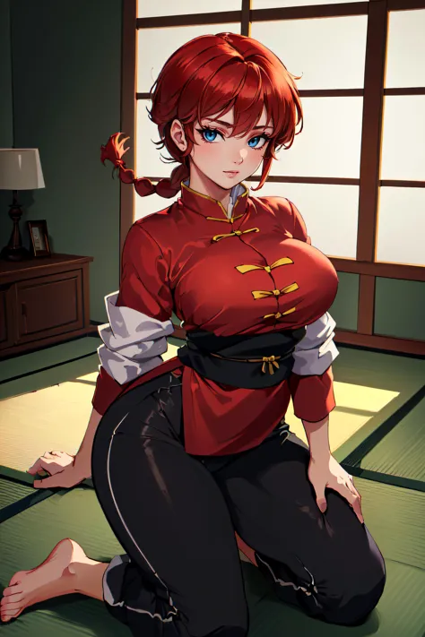 (masterpiece, best quality, ultra detailed, absurdres:1.5), 1girl, (sexy, beautiful woman, perfect face, perfect eyes, perfect female body:1.5), (femaleranma, braided ponytail, red hair, chinese clothes, tangzhuang, black pants, barefoot, <lora:ranmahalf_femaleranma:1>), (kneeling, on futon, indoors, Japanese dojo), perfect lighting, smooth, hdr