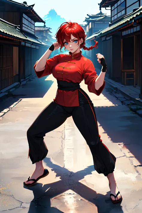 (masterpiece, best quality, ultra detailed, absurdres:1.5), 1girl, (sexy, beautiful woman, perfect face, perfect eyes, perfect female body:1.5), (femaleranma, braided ponytail, red hair, chinese clothes, tangzhuang, black pants, <lora:ranmahalf_femaleranma:1>), (full body, fighting stance, outdoors, Japanese city in background), perfect lighting, smooth, hdr