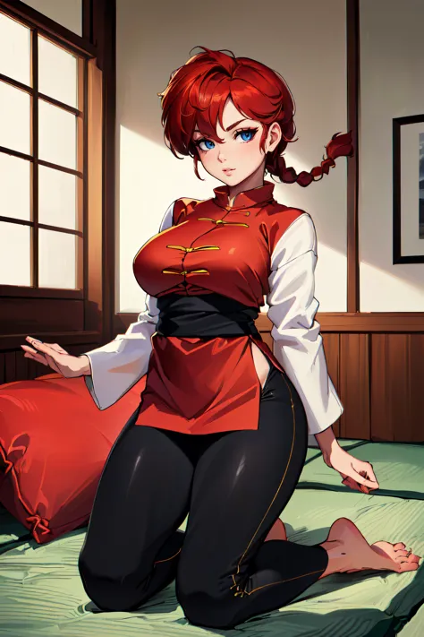 (masterpiece, best quality, ultra detailed, absurdres:1.5), 1girl, (sexy, beautiful woman, perfect face, perfect eyes, perfect female body:1.5), (femaleranma, braided ponytail, red hair, chinese clothes, tangzhuang, black pants, barefoot, <lora:ranmahalf_femaleranma:1>), (kneeling, on futon, indoors, Japanese dojo), perfect lighting, smooth, hdr