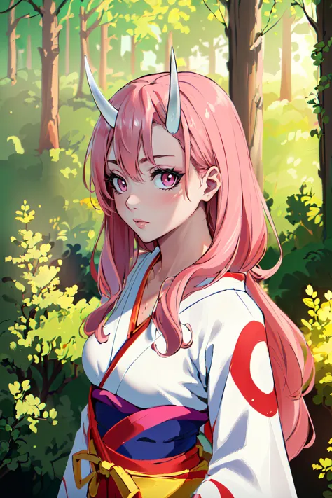 (masterpiece, best quality, ultra detailed, absurdres:1.5), 1girl, (sexy, beautiful woman, perfect face, perfect eyes, perfect female body, small breasts:1.5), (red and white kimono, long hair, pink hair, horns, <lora:Shuna:0.7>, <lora:NSFWFilter:-1>), (standing, outdoors, forest), perfect lighting, smooth, hdr