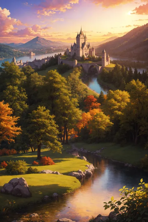 masterpiece,best quality,highres,original,game cg,illustration,
((scenery,a european castle on a hill by a lake)),trees,summer leaves,mountains in far background,yellow color,red color,sunset,
((painterly,depth of field)),fine details,authentic,photorealistic,wide shot,medium shot,
sharp,outline,cinematic lighting,fantasy,baroque,impressionism,
<lora:add_detail:0.3>,