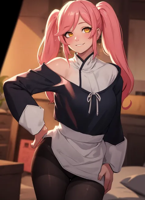 (best quality, highres), (volumetric lighting:1.4), (light through), (absudres), illustration, delicate, aesthetic, elegant, intricate, 1girl, pink hair, yellow eyes, long eyelashes, low twintails, chines clothe, (pantyhose), black outline, perfect face, beautiful face, gorgeous face, gorgeous, blush, smile, looking at viewer, (painterly,depth of field), outline, cinematic lighting, digital compositon, light particles, aura,