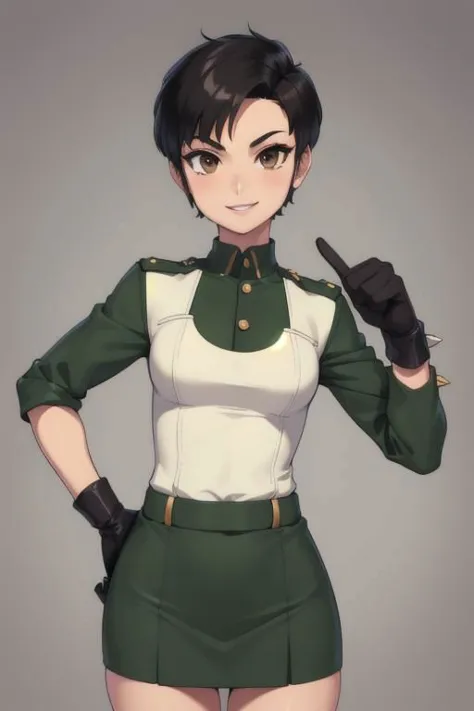 spiky bald hairstyle, short hair, mexican skin, gloves, uniform military, 1girl ,dark black hair, ((hair cut super short,)), soft Brown eyes, smile lips,