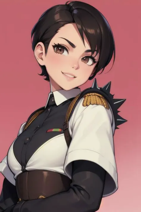 spiky bald hairstyle, short hair, mexican skin, gloves, uniform military, 1girl ,dark black hair, ((hair cut super short,)), soft Brown eyes, smile lips,