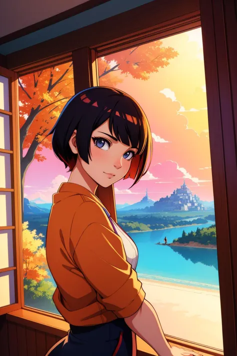 1girl, art by rhads, ferdinand knab, makoto shinkai and lois van baarle, ilya kuvshinov, rossdraws, tom bagshaw, Cryptidcore, (whey:1.2) , Funky, from inside of a Architecture, soft focus, Anime screencap, stylized, F/14, "Autumn's embrace, a kaleidoscope of colors, painting the world in hues of gold and crimson.", 64K