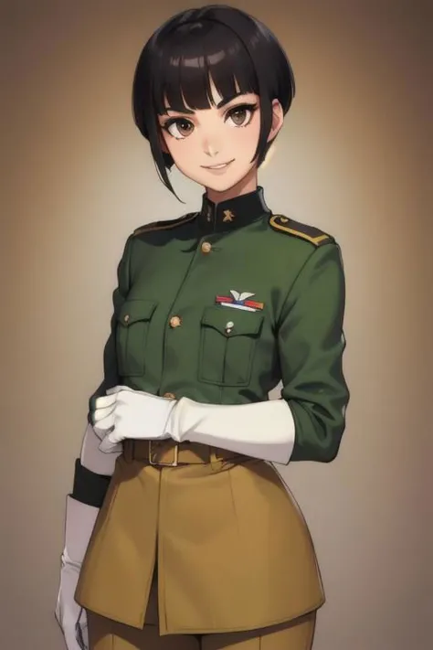 spiky bald hairstyle, short hair, mexican skin, gloves, uniform military, 1girl ,dark black hair, ((hair cut super short,)), soft Brown eyes, smile lips,